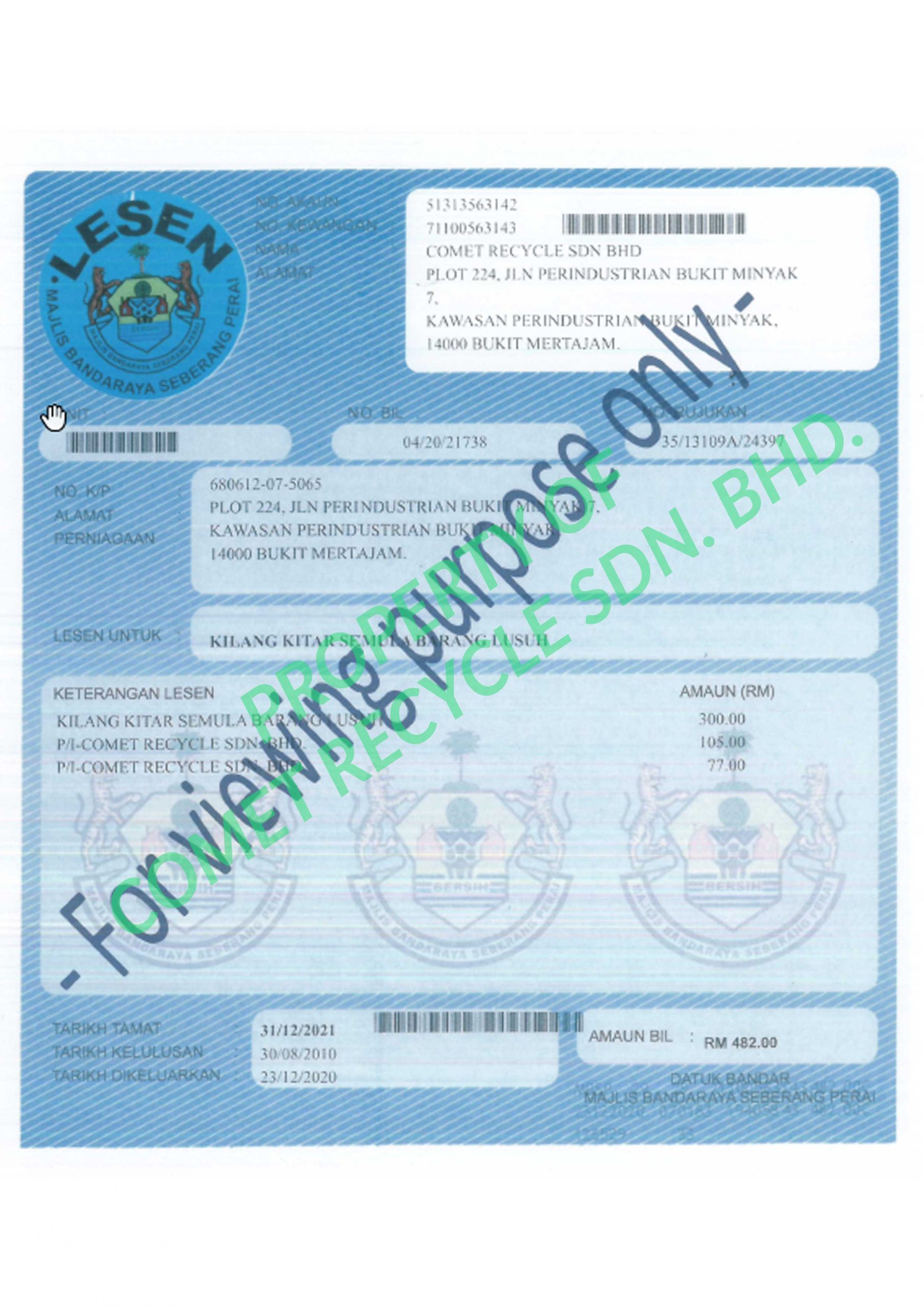 Licenses Comet Recycle Sdn. Bhd.